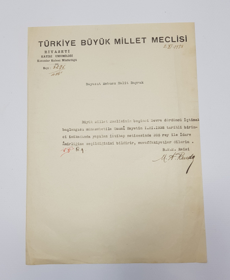 02.11.1938 ABDULHALIK RENDA ISLAK İMZALI TALTİF YAZISI