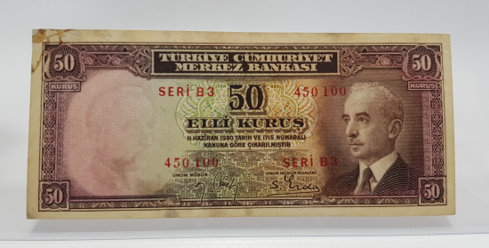 2. EMİSYON İSMET İNÖNÜ RESİMLİ 50 KURUŞ KAĞIT PARA 