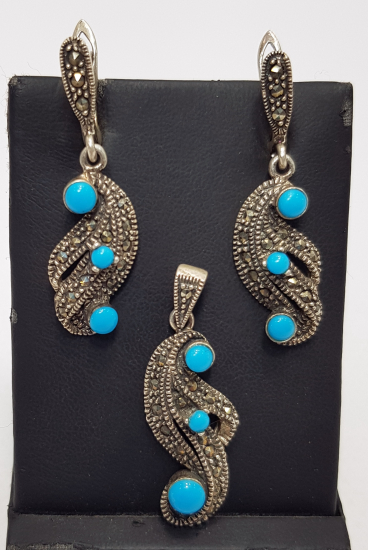 MARKAZİT VE TURKUAZ TAŞLARLA SÜSLÜ GÜMÜŞ SET