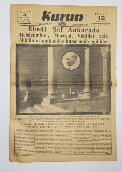 ATATÜRK'ÜN VEFATI İLE İLGİLİ 21 KASIM 1938 TARİHLİ KURUN GAZETESİ