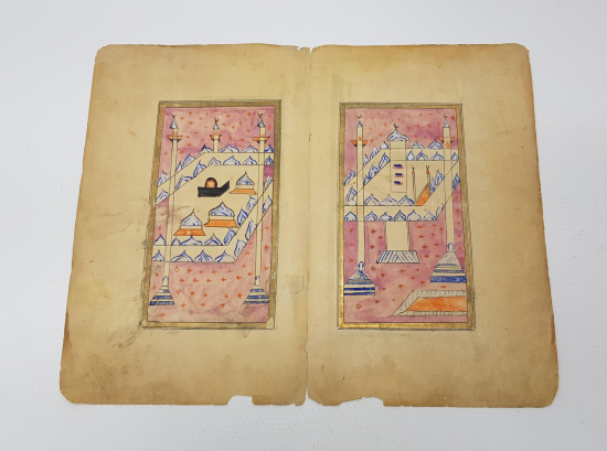 KABE VE MESCİDİ NEBEVİ RESİMLİ EL YAZMA 4 SAYFA VARAK 