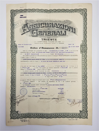 1923 CONSTANTINOPLE ASSICURAZIONI GENERALI SİGORTA POLİÇESİ 