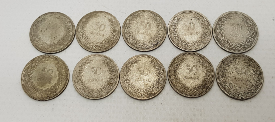 1947-1948 YILLARI 10 ADET GÜMÜŞ 50 KURUŞ