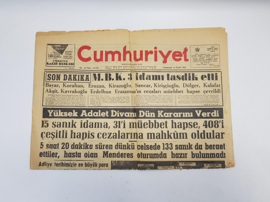 16 EYLÜL 1961 CUMHURİYET GAZETESİ: MENDERES İDAM EDİLİYOR!