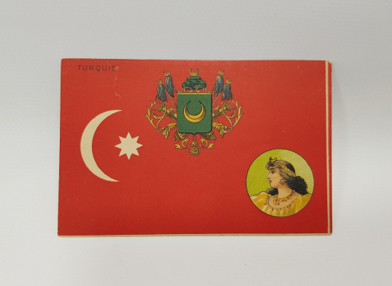 OSMANLI DÖNEMİ DEVLET ARMASI BAYRAK VE TÜRK KADINI TEMALI NADİR KARTPOSTAL