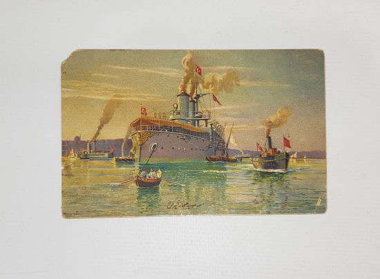 OSMANLI DONANMA CEMİYETİ KARTPOSTAL: MESUDİYE ZIRHLISI CEPHANE ALIRKEN