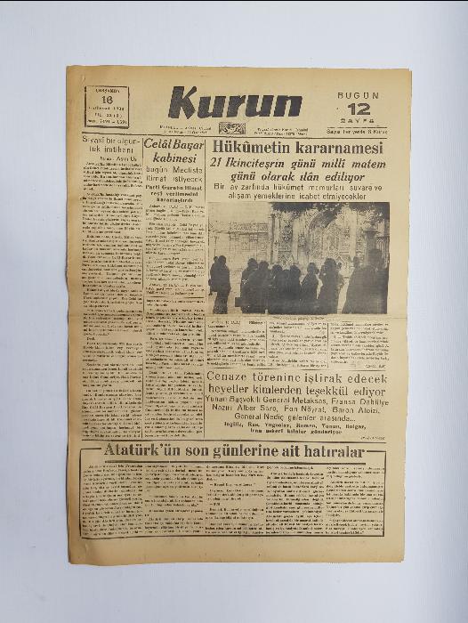 ATATÜRK'ÜN VEFAT HABERLERİ -16 KASIM 1938 KURUN GAZETESİ 