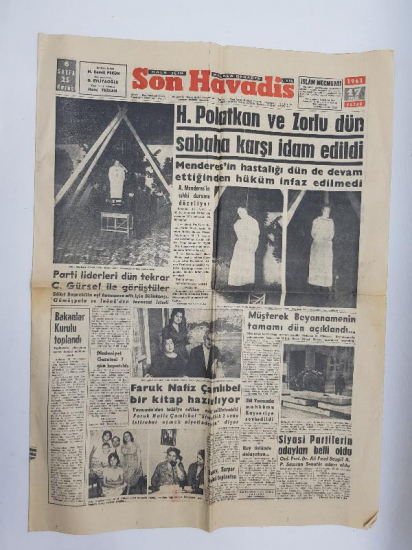 17 EYLÜL 1961 SON HAVADİS GAZETESİ: TANSU POLATKAN VE RÜŞTÜ ZORLU DÜN İDAM EDİLDİ 