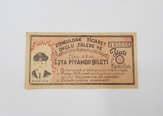 1946 ZONGULDAK TİCARET OKULU EŞYA PİYANGOSU BİLETİ 