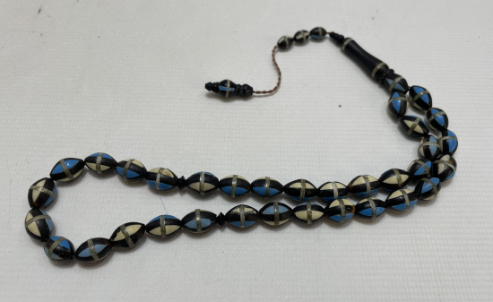 KUKA ÜZERİ GÜMÜŞ - KEMİK VE TURKUAZ ÇAKMA TESBİH