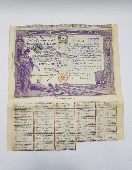 OSMANLI DÖNEMİ BALYA KARAAYDIN MADENİ HİSSE SENEDİ 