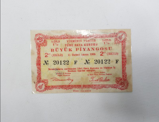 1935 TARİHLİ TÜRK HAVA KURUMU PİYANGO BİLETİ 