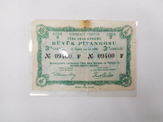 1936 TÜRK HAVA KURUMU BÜYÜK PİYANGOSU BİLETİ 