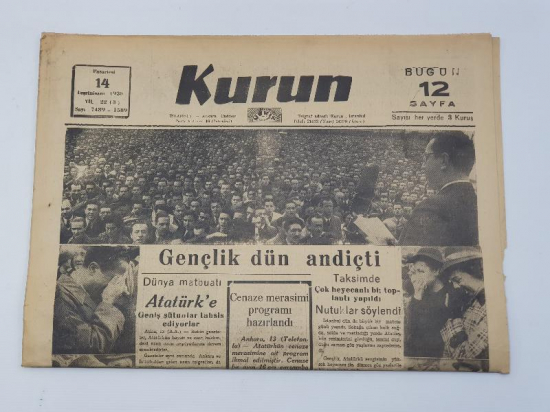 ATATÜRK'ÜN VEFAT HABERLERİ... 14 KASIM 1938 KURUN GAZETESİ
