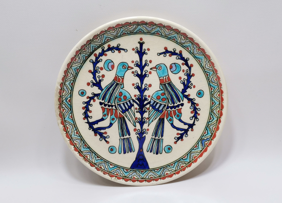 ÇİFTE KUMRULAR KONULU KÜTAHYA İŞİ EL BOYAMA DUVAR TABAĞI