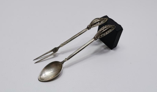 OSMANLI DÖNEMİ İZMİR İŞİ TUĞRALI, SAH DAMGALI VE ÇEŞNİLİ GÜMÜŞ ÇATAL KAŞIK 