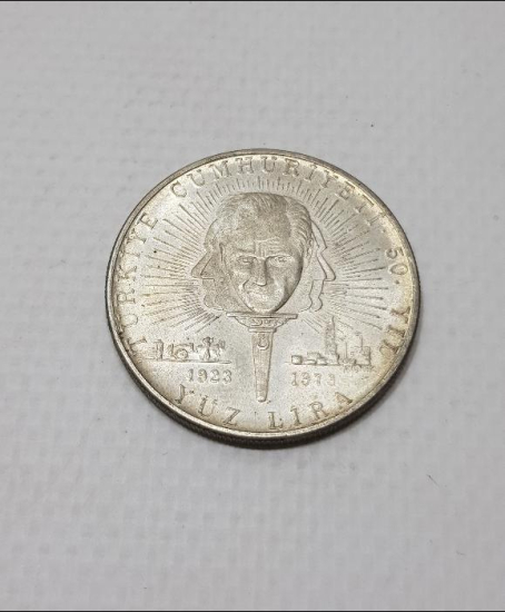 CUMHURİYETİN 50. YILI GÜMÜŞ 100 LİRA HATIRA PARA