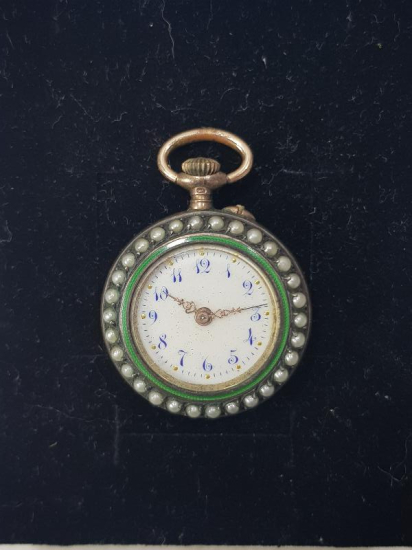 ANTİKA GÜMÜŞ KASA ÜZERİ ALTIN ÇAKMA, İNCİLİ VE MİNELİ ÇOK NADİR ZENNE CEP SAATİ 