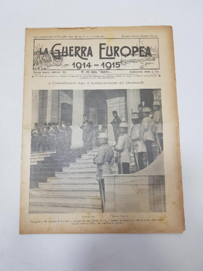 1. DÜNYA SAVAŞI 15 NİSAN 1915 TARİHLİ AVRUPA SAVAŞI DERGİSİ: ÇANAKKALE BOMBARDIMANI SONRASI SARAYDA SULTAN MEHMET REŞAD, ENVER PAŞA VE KOMUTANLAR DUA EDERKEN