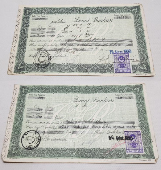 1930 BALIKESİR ZİRAAT BANKASI İKİ ADET ÇEK