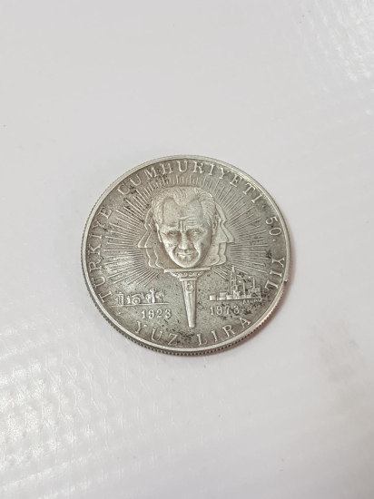 1973 CUMHURİYETİN 50. YILI GÜMÜŞ 100 LİRA HATIRA PARA