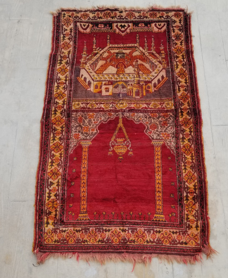 OSMANLI DÖNEMİ ÜZERİ YAZILI AY YILDIZLI VE KABE-İ ŞERİF GÖRSELLİ ÇOK NADİR TEKKE İŞİ SECCADE