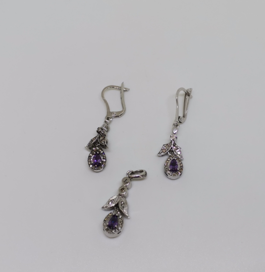 AMETİST VE PIRLANTA TAŞLI DAMLA MODELİ KOLYE KÜPE TAKIMI