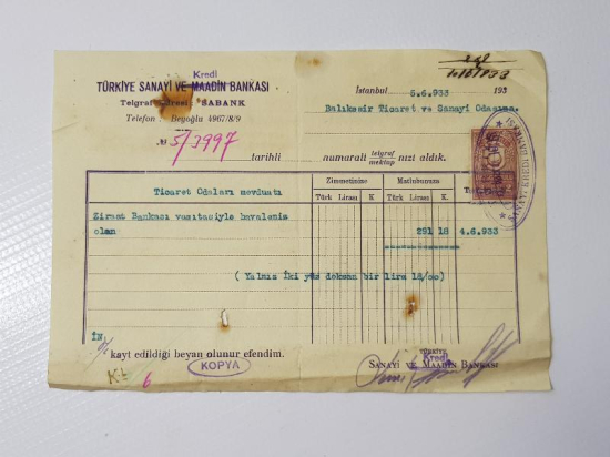 1933 TÜRKİYE SANAYİ VE MAADİN BANKASI HAVALE MAKBUZU