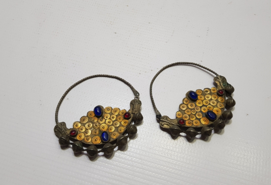 OSMANLI DÖNEMİ ÜZERİ DOĞAL TAŞLARLA SÜSLÜ BALIK FORMLU ERMENİ İŞİ BÜYÜK BOY GELİN KÜPESİ