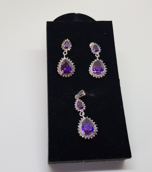 AMETİST VE PIRLANTA TAŞLI DAMLA MODEL KOLYE KÜPE TAKIMI