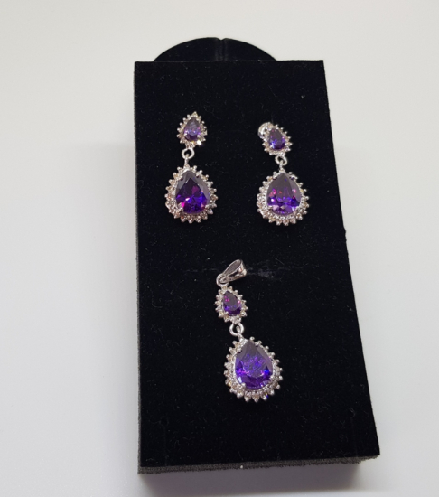 AMETİST VE PIRLANTA TAŞLI DAMLA MODEL KOLYE KÜPE TAKIMI