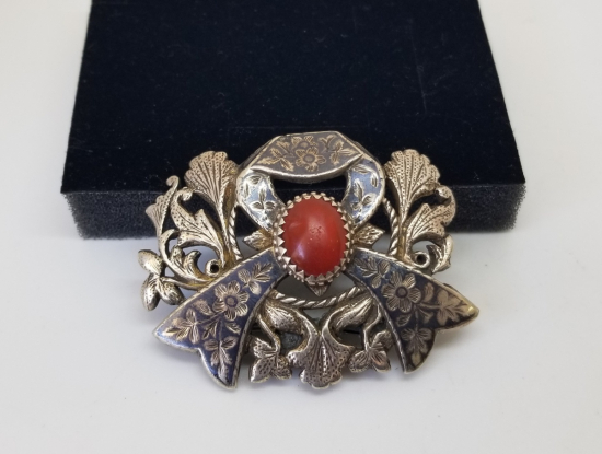 MERCAN TAŞLI OSMANLI DÖNEMİ SAVATLI GÜMÜŞ BROŞ