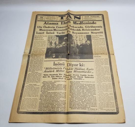 22 KASIM 1938 TARİHLİ MUSTAFA KEMAL ATATÜRK'ÜN ÖLÜMÜ KONULU TAN GAZETESİ