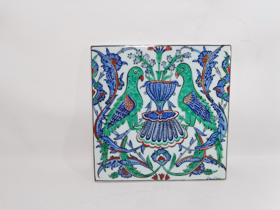 OSMANLICA USTA İMZALI ÇİTE KUMRULAR GÖRSELLİ KÜTAHYA SERAMİK PANO