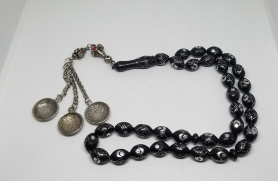 ÜZERİ AY YILDIZ FİGÜRLÜ GÜMÜŞ ÇAKMA İŞÇİLİKLİ ÖZEL YAPIM ANTİKA TESPİH