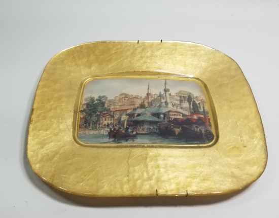 ALTIN VARAKLI CAM ÜZERİ ESKİ İSTANBUL GÖRSELLİ DUVAR TABAĞI