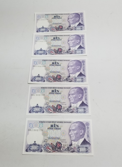 ÇOK YÜKSEK KONDİSYONDA SIRALI SERİ NUMARALI 5 ADET 7. EMİSYON 1. TERTİP - 1000 TÜRK LİRASI-