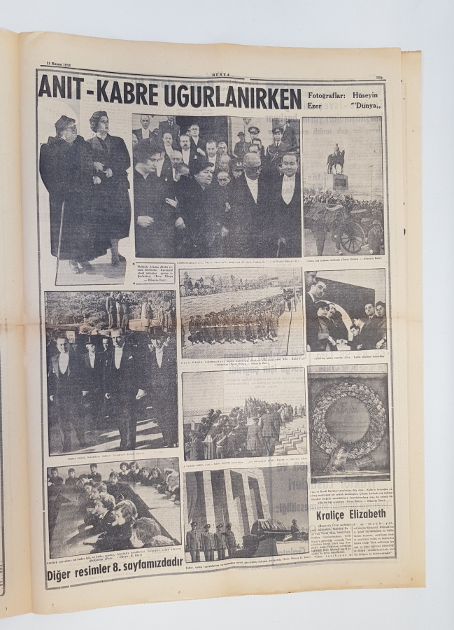 ATATÜRK'ÜN NAAŞININ ANITKABİR'E NAKLİ KONULU 11 KASIM 1953 TARİHLİ DÜNYA GAZETESİ