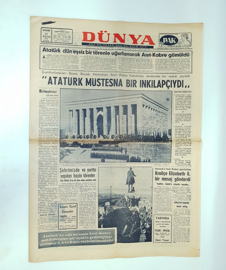 ATATÜRK'ÜN NAAŞININ ANITKABİR'E NAKLİ KONULU 11 KASIM 1953 TARİHLİ DÜNYA GAZETESİ