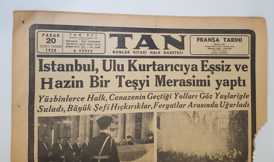 ATATÜRK'ÜN VEFATI KONULU 20 KASIM 1938 TARİHLİ TAN GAZETESİ