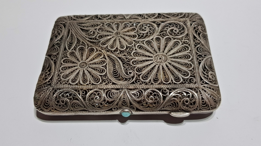 OSMANLI DÖNEMİ TURKUAZ TAŞLI TELKARİ GÜMÜŞ SİGARA TABAKASI