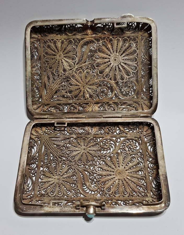 OSMANLI DÖNEMİ TURKUAZ TAŞLI TELKARİ GÜMÜŞ SİGARA TABAKASI