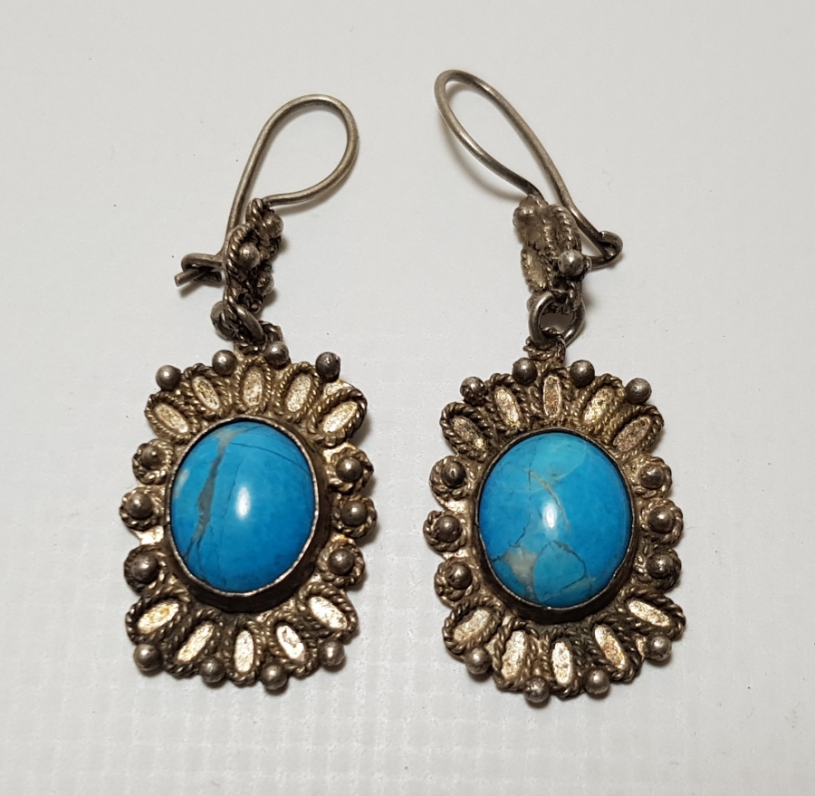 TURKUAZ TAŞLI ÖZEL YAPIM ANTİKA GÜMÜŞ KÜPE