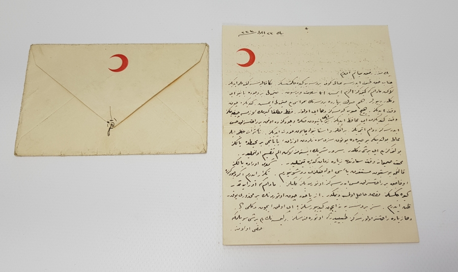 ÇANAKKALE SAVAŞI 1917 ABDÜLKERİM PAŞA HAZRETLERİNE TAKDİM HİLALİ AHMER ANTETLİ OSMANLICA MEKTUP VE ZARF