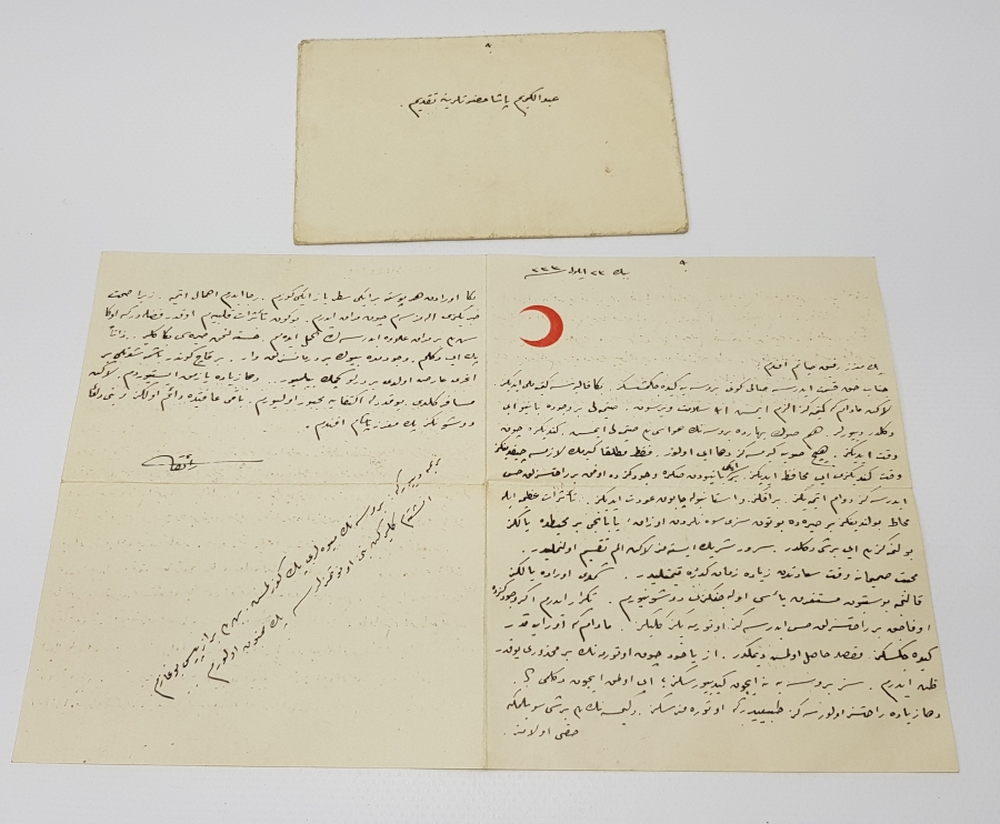 ÇANAKKALE SAVAŞI 1917 ABDÜLKERİM PAŞA HAZRETLERİNE TAKDİM HİLALİ AHMER ANTETLİ OSMANLICA MEKTUP VE ZARF