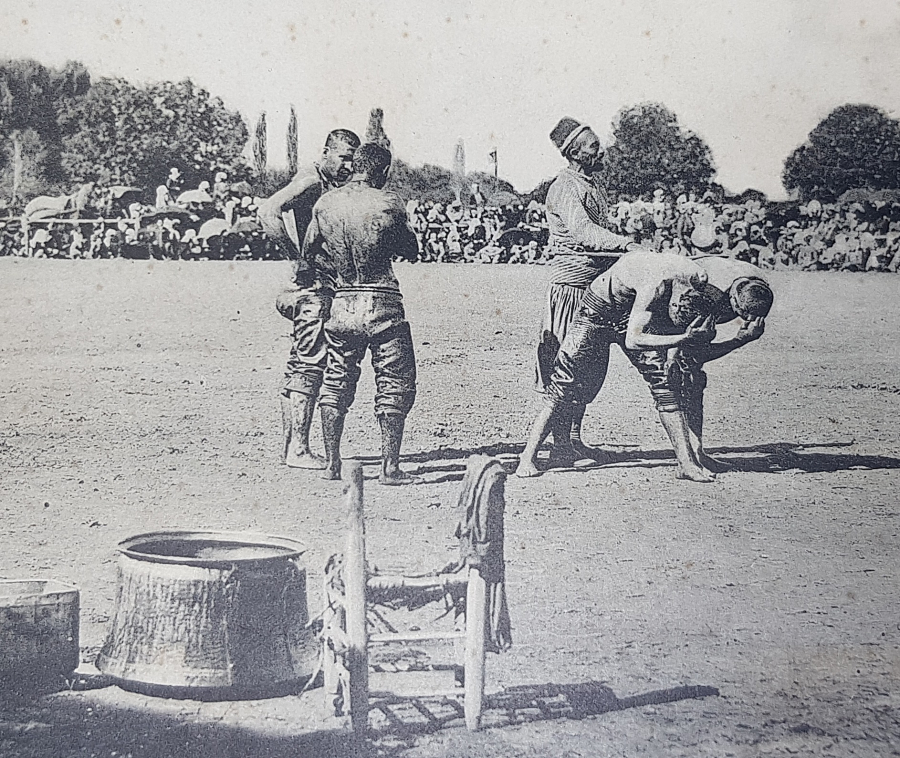 BURSA SERGİSİ YAĞLI GÜREŞLER KONULU OSMANLICA BASKI GRAVÜR