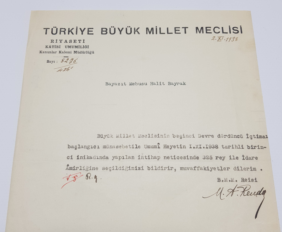 02.11.1938 ABDULHALIK RENDA ISLAK İMZALI TALTİF YAZISI