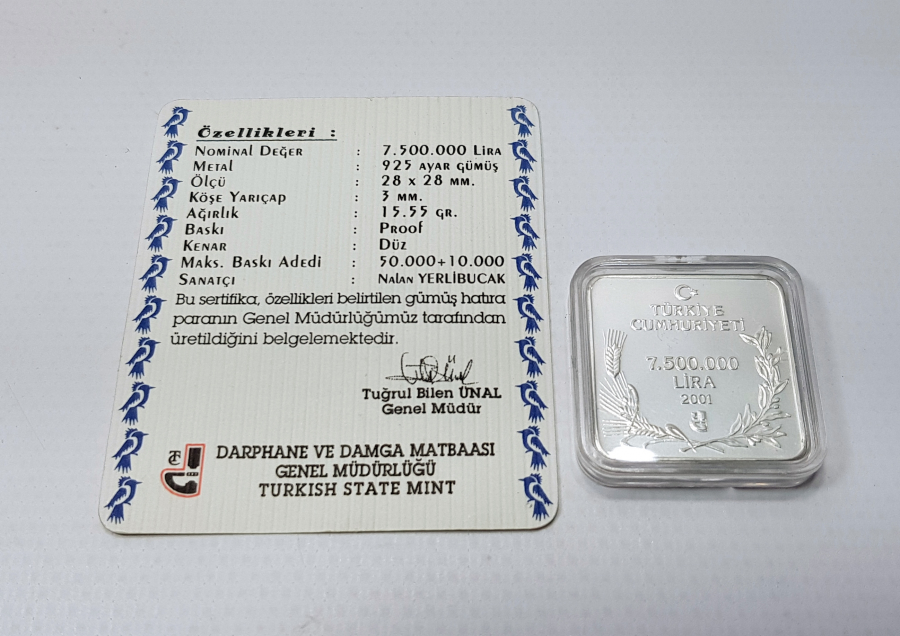 DARPHANE SERTİFİKALI 2001 KÜÇÜK KARABATAK 7.500.000 TL GÜMÜŞ HATIRA PARA