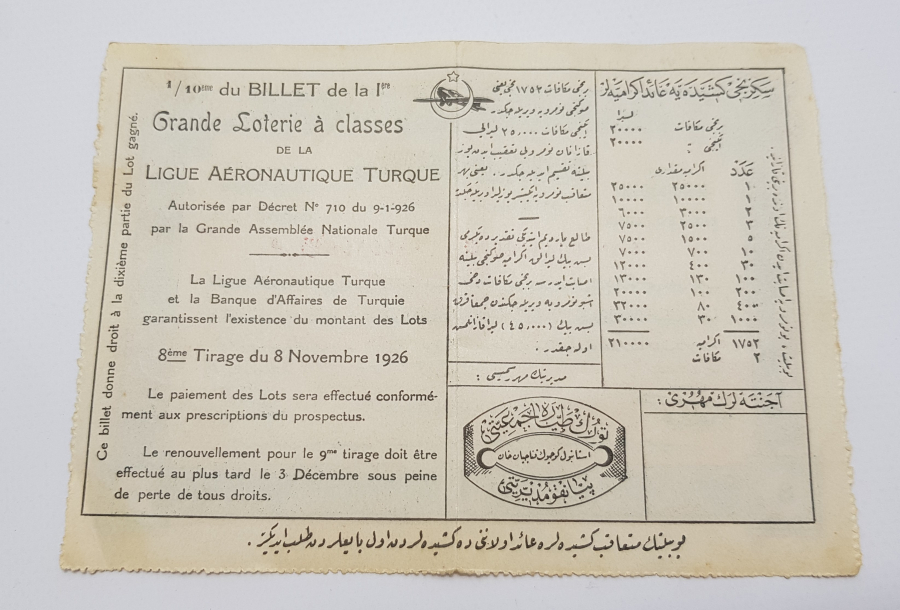 1926 OSMANLICA YAZILI BÜYÜK TAYYARE PİYANGOSU BİLETİ 