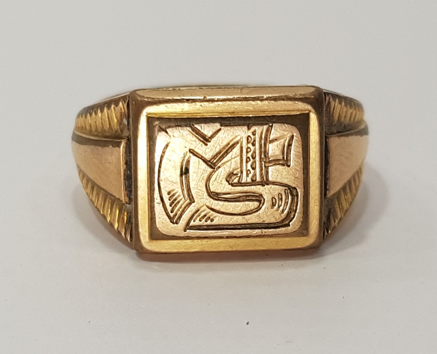 MS İNSİYALLİ ALTIN KAPLAMA ANTİKA ERKEK YÜZÜĞÜ